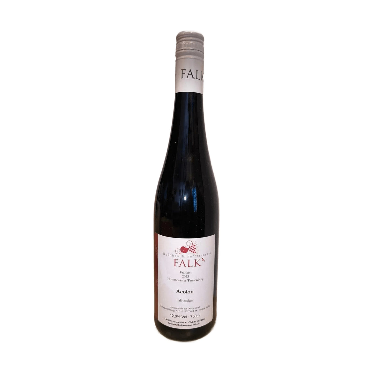 Flasche Acolon halbtrocken 2023, fränkischer Rotwein vom Weingut Falk aus Hüttenheim