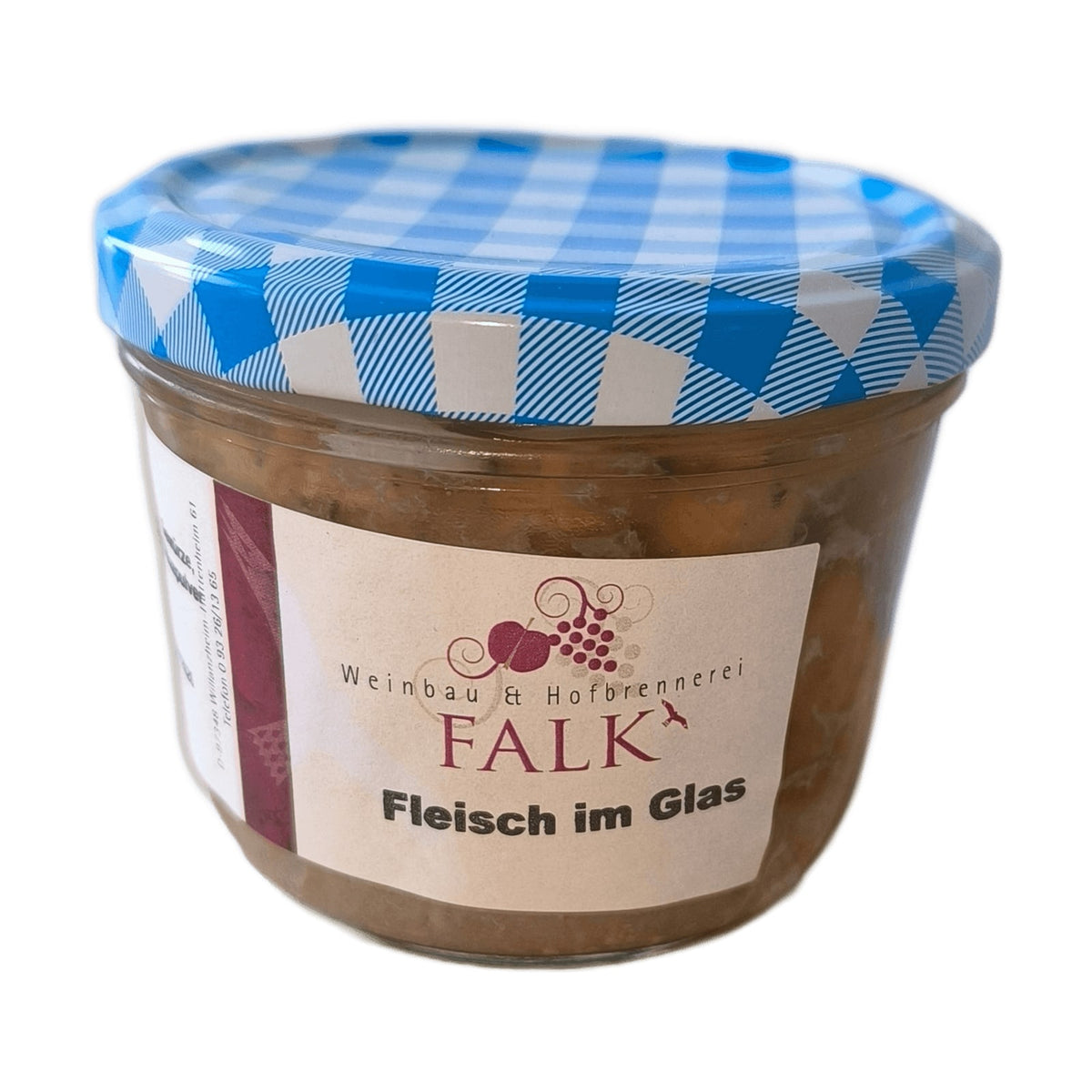 Glas „Fleisch im Glas“ 180 g der Hofbrennerei Falk mit blau-weiß kariertem Deckel