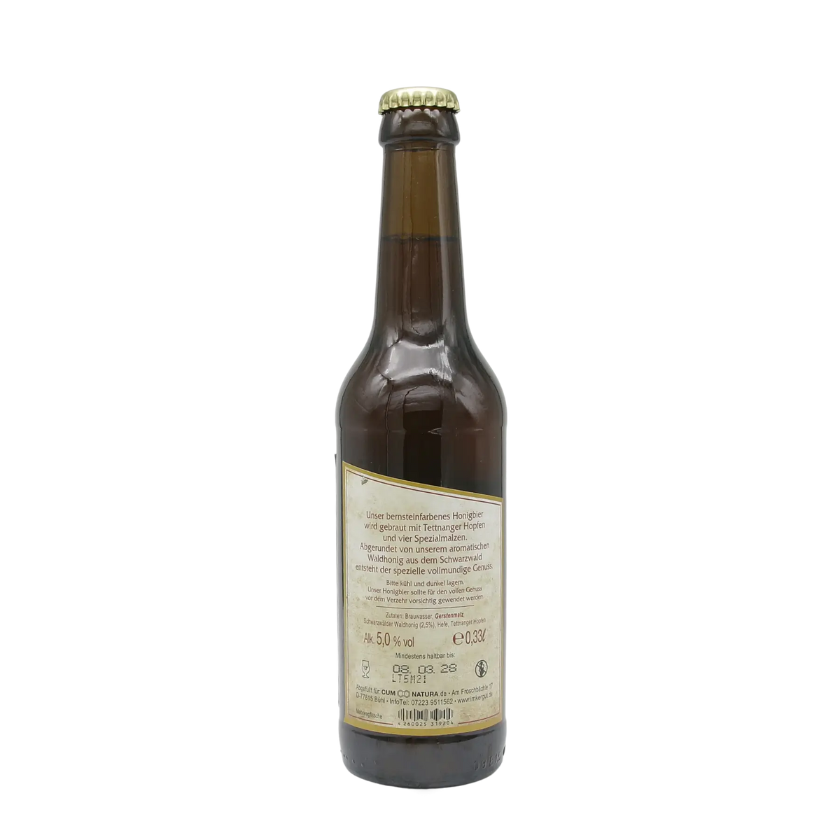 Honigbier Rückseite mit Etikett
