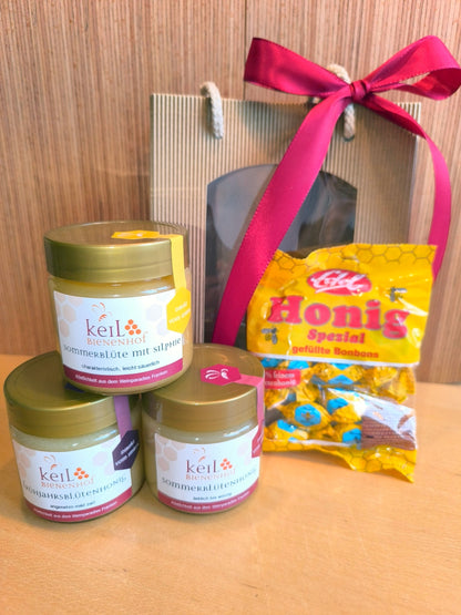 BBV Geschenkpaket 2 vom Bienenhof Keil: drei Honige und Honig-Bonbons in der Geschenktüte