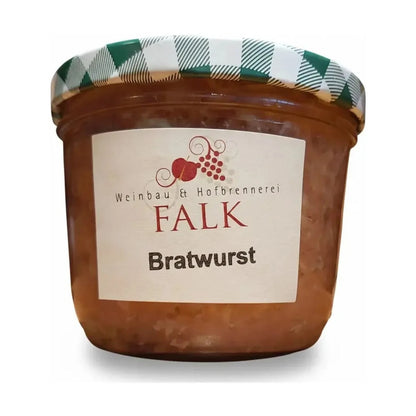 Glas Bratwurst im Glas 180 g der Hofbrennerei Falk mit grün kariertem Deckel
