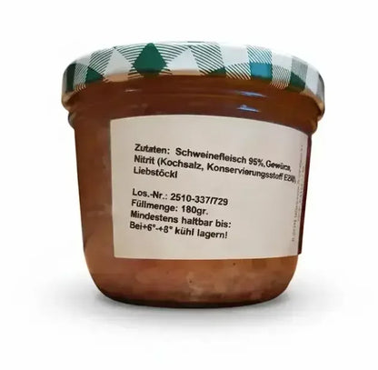 Rückseite des Glases Bratwurst der Hofbrennerei Falk mit Zutaten und Haltbarkeit