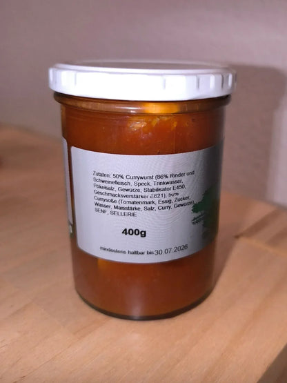 Glas Currywurst 400 g, Seitenansicht mit Zutatenliste