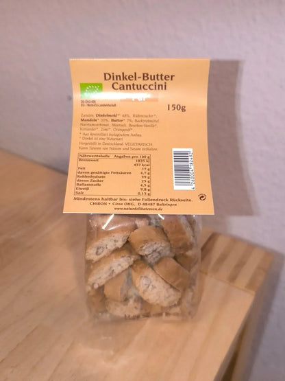 Rückseite der CHIRON Dinkel-Butter Cantuccini mit Zutaten und Nährwerten