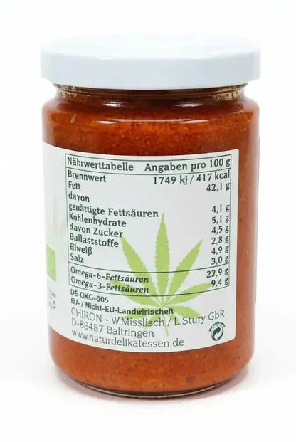 Glas CHIRON Hanf-Pesto Pikant, Rückseite mit Nährwerttabelle