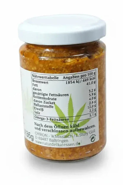 Glas CHIRON Hanf-Aufstrich Orientalisch, Rückseite mit Nährwerttabelle