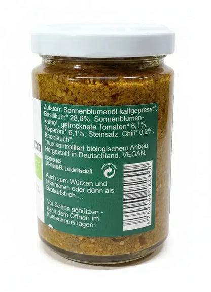 Glas CHIRON Basilikum-Pesto, Rückseite mit Zutatenliste