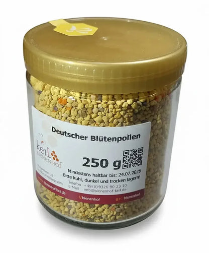 Glas Deutscher Blütenpollen 250 g vom Bienenhof Keil, Rückseite mit Haltbarkeit